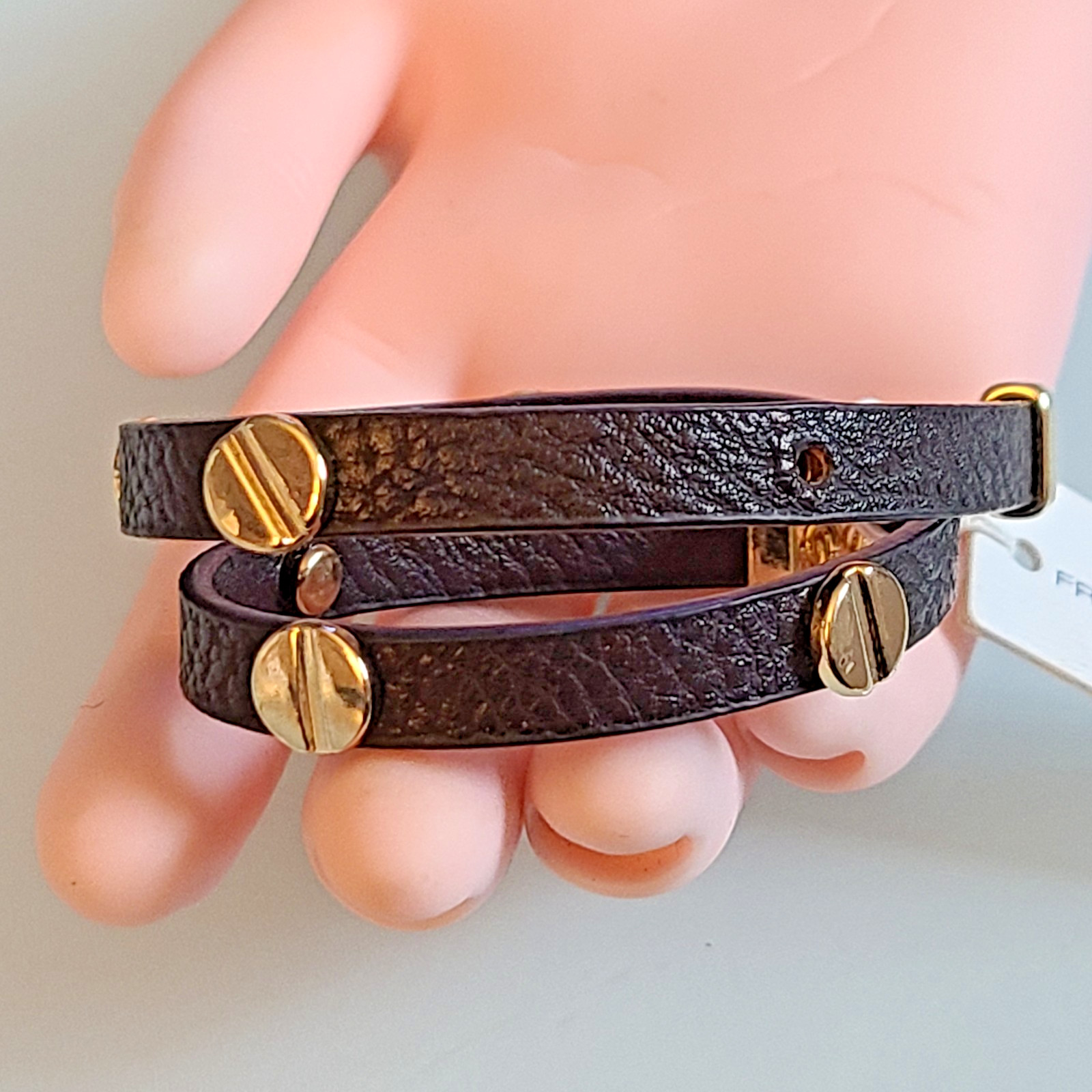 French Connection Double Wrap Bracelet Black Pebble Grain Gold Screw Studs NWT 1