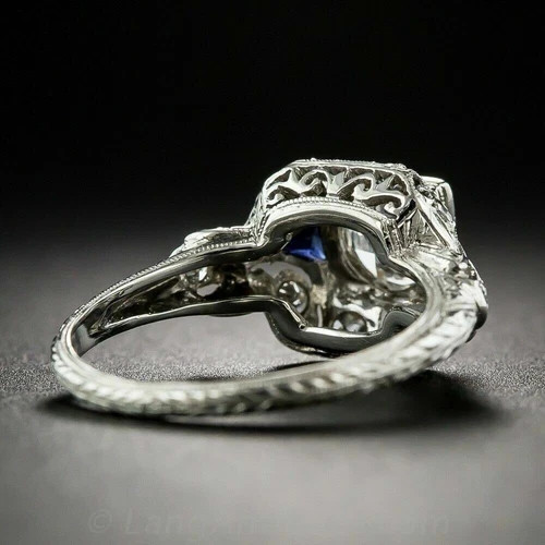 Art Deco Vintage Style 2Ct Lab Created Diamond & Sapphire 14K White Gold FN Ring