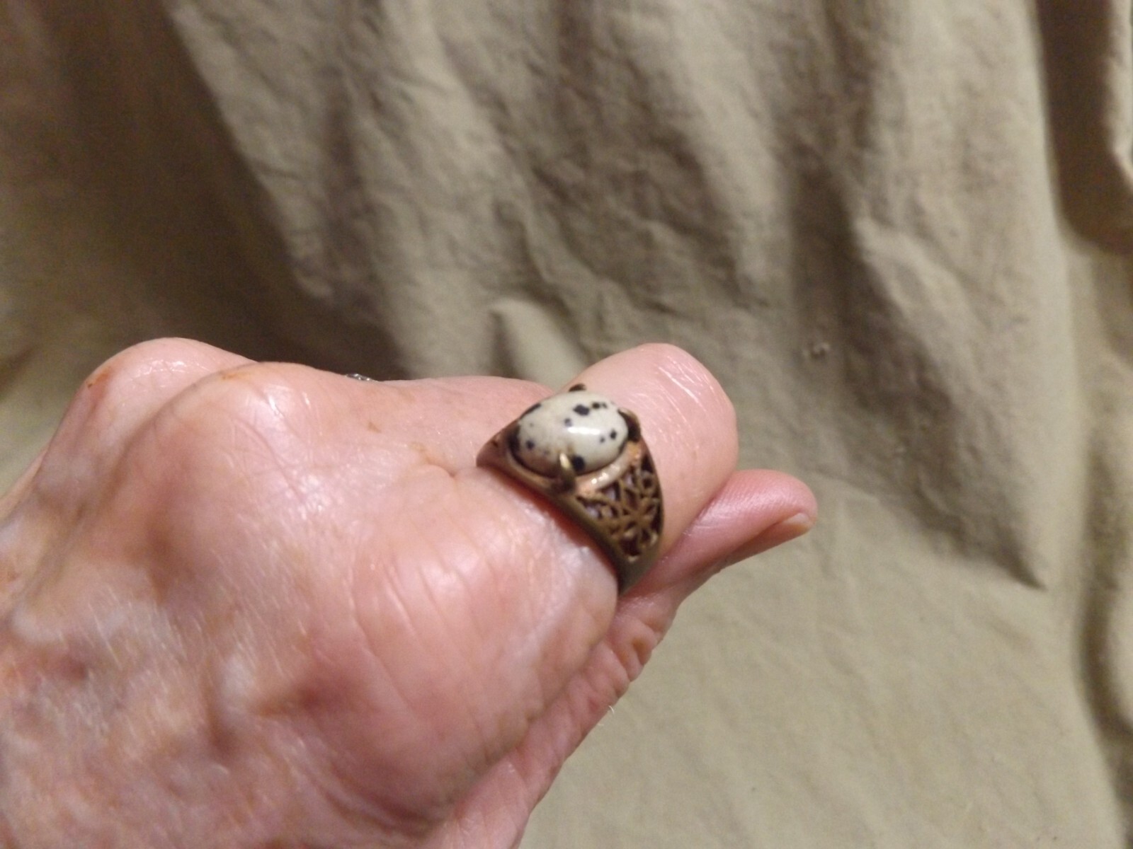 Vintage Cast Brass? Ring Dalmatian Jasper Oval Stone Unused Size 8.25+