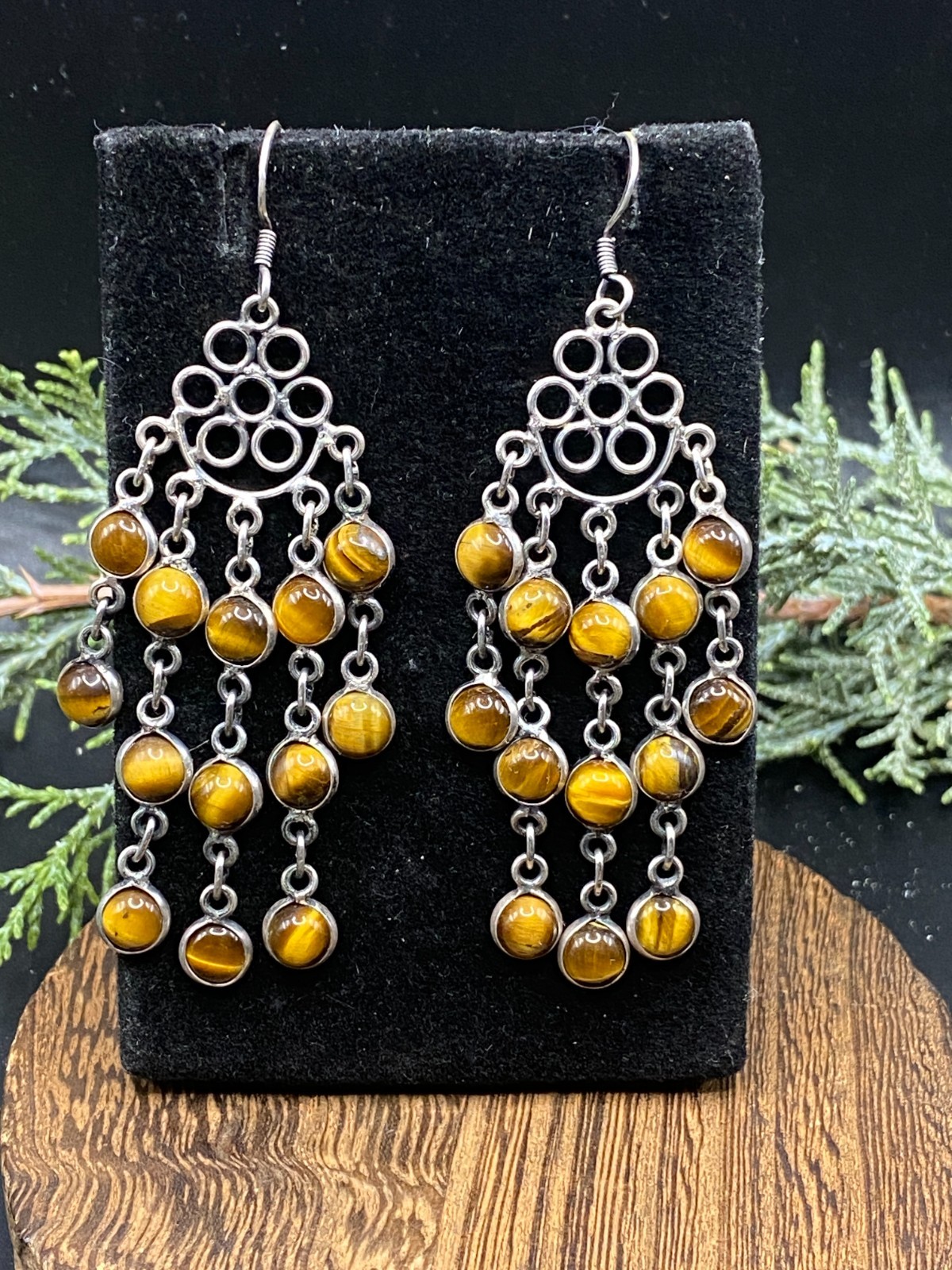 Vintage, Bali, fabulous sterling, golden brown Tigers Eye chandelier earrings 3″