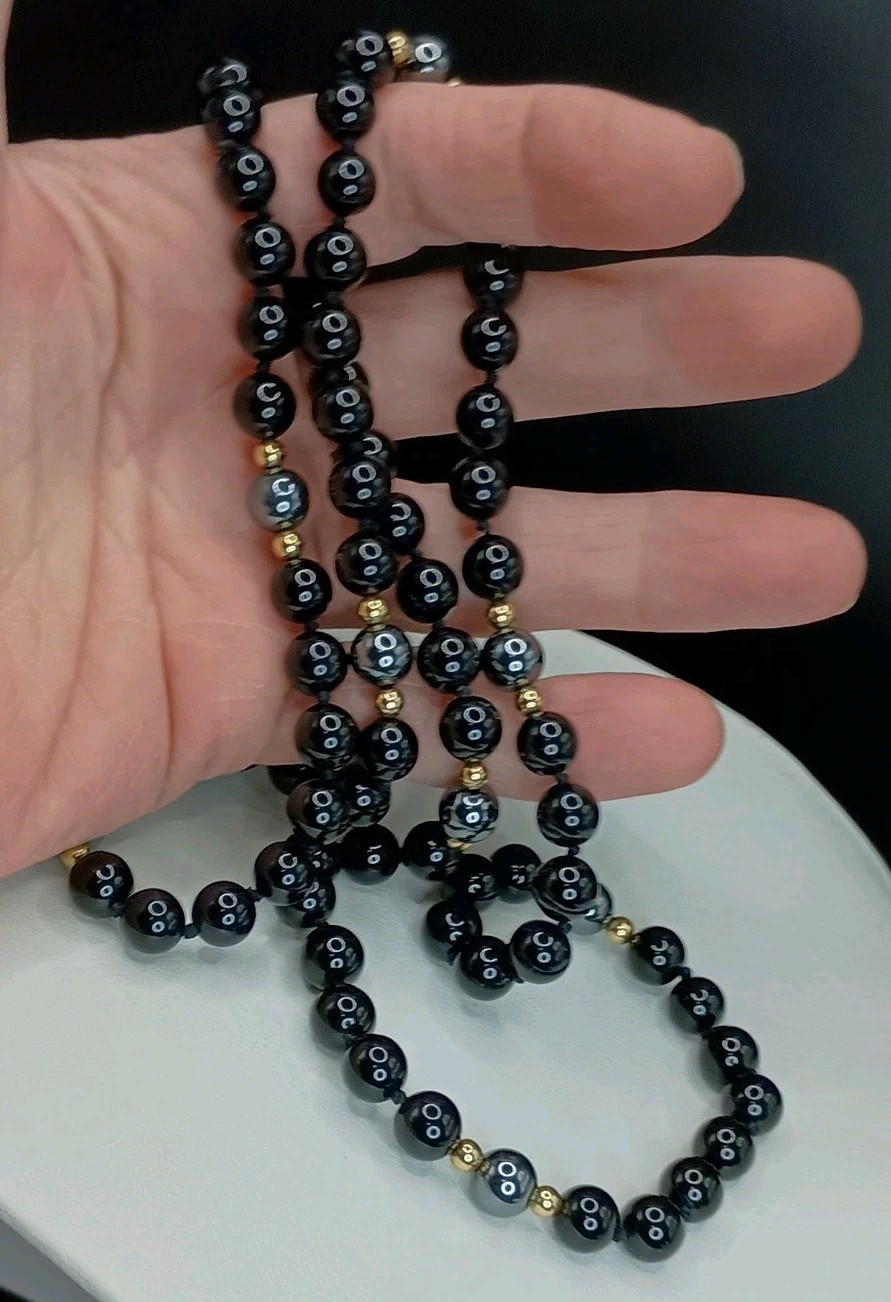 Black Onyx & Hematite Beaded Necklace Polished Gemstone 30″ Gold Tone Accents