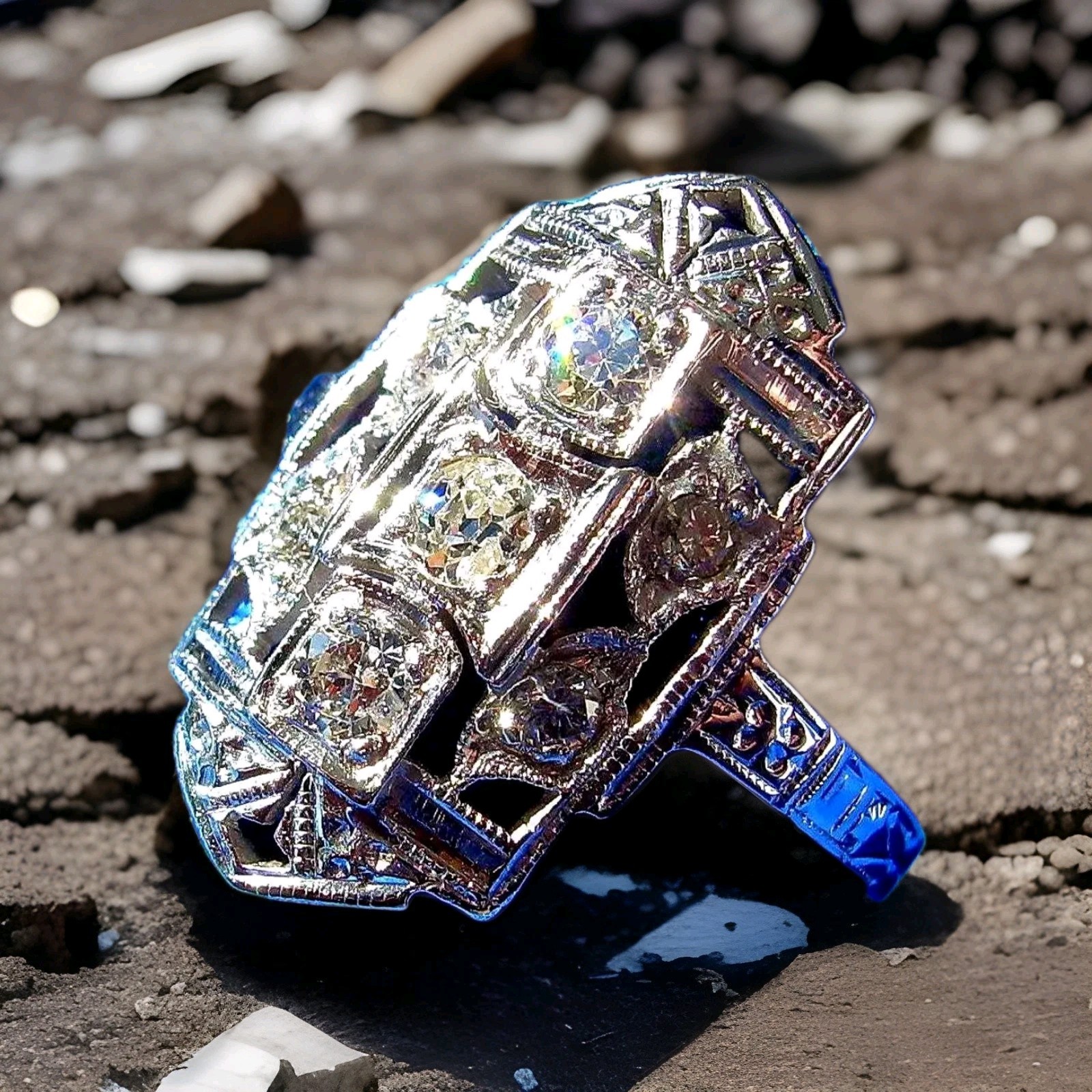 Original EARTH MINED DIAMOND Deco Engagement Ring Vintage Style 14K WHITE GOLD 6