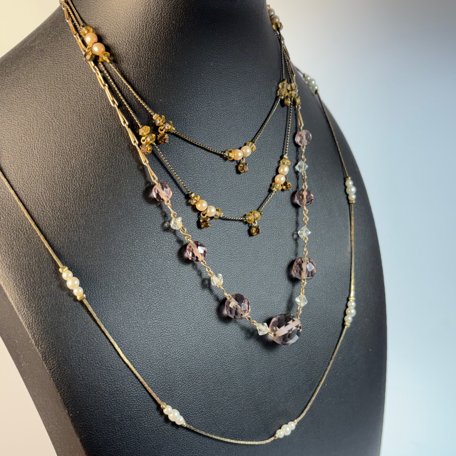 Necklace Lot Gold Tone Pearl Lavender Cut Glass Beads Delicate Romantic