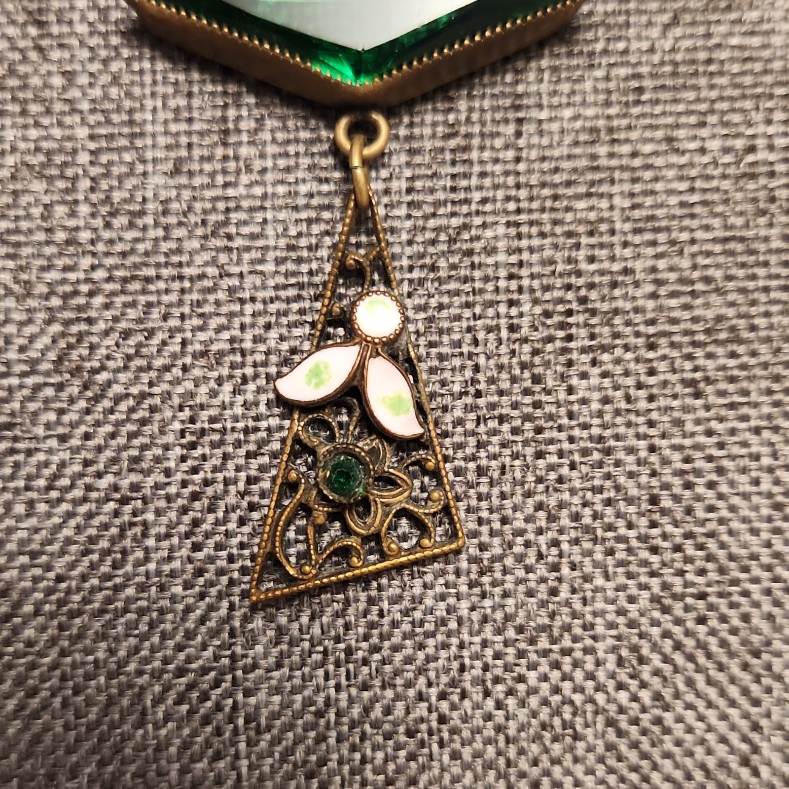 Vintage 1920’s transition style brass, enamel, green glass paste necklace