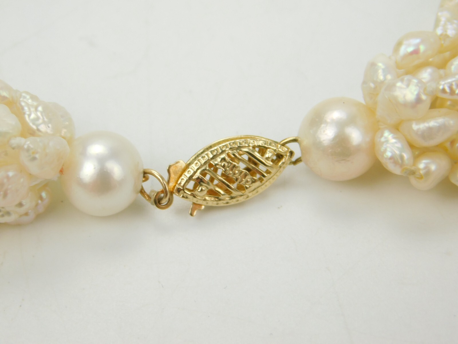 VTG 14k Gold JCM 14k Gold Multi 10 Strand Rice Pearl Necklace 17″ Long 61.6g