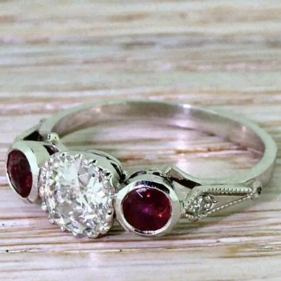 Art Deco Round Cut Lab Created Diamond & Ruby 14K White Gold FN Engagement Ring