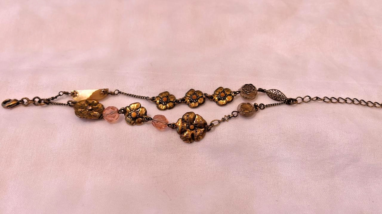 Vintage Brass Floral Bracelet Pink Bead Accents Boho Antique Style Jewelry