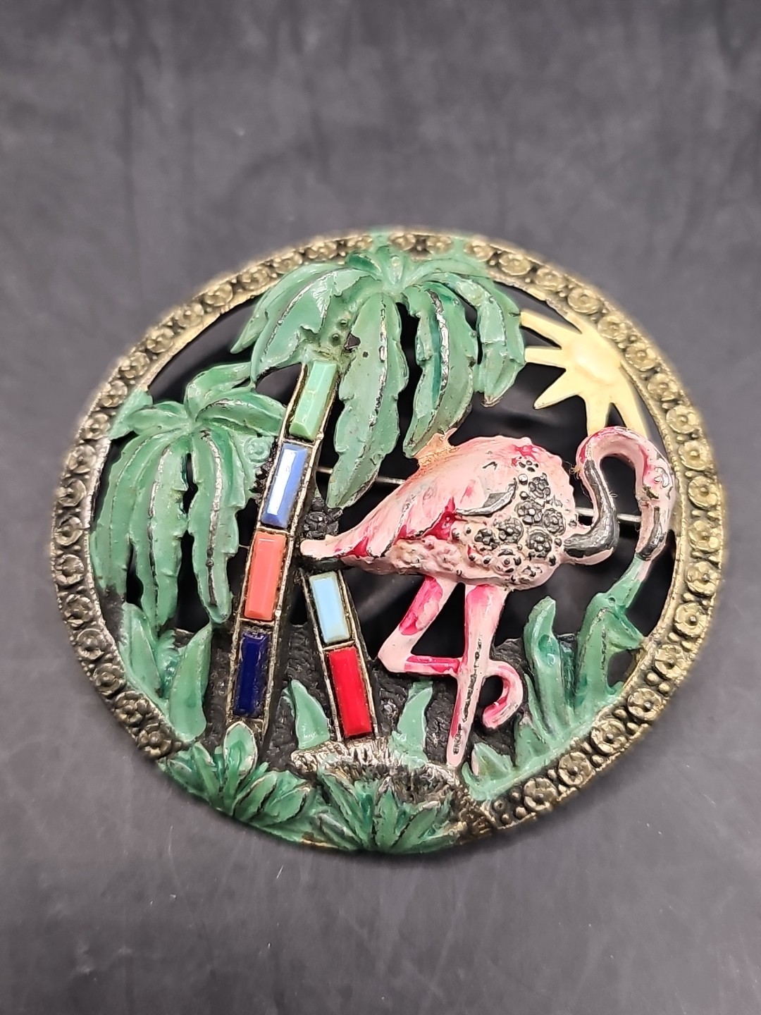 Vtg Signed Little Nemo Open Work Enameled Flamingo Tropicsl Palm Tree Brooch Pin