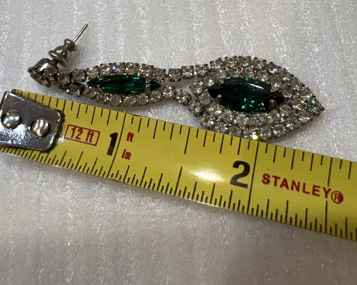 Vintage Rhinestone Green Dangle Earrings Silver 2.5” Long Marquise Holiday