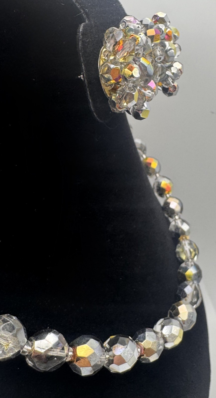 VTG AB Crystal Beaded Necklace with Clip on and Pierced Earrings Set
