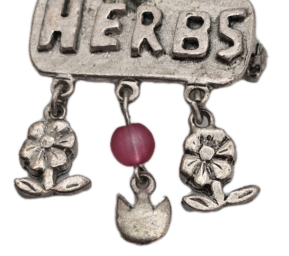 Vtg EH Herbs Brooch Silver Tone Flower Dangles Chef Herb Gardener Cook Heart