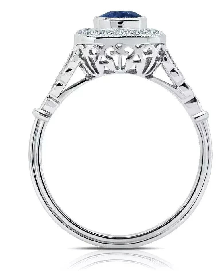 Art Deco 2.25Ct Oval Sapphire & Lab Created Diamond 925 Silver Engagement Ring