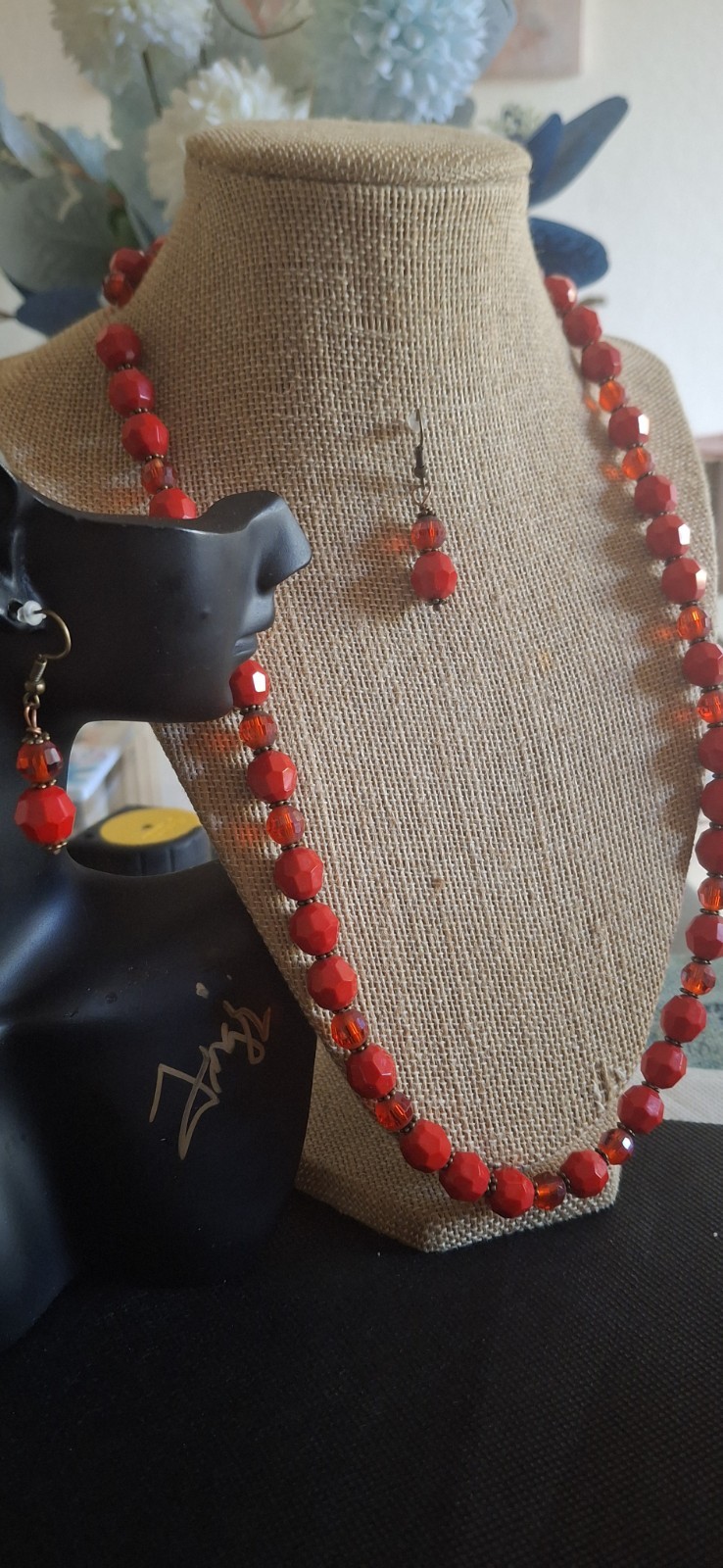 Ladys Red & Clear Faceted Rondell Bead Necklace & Earring Fits Any Occasion Vtg