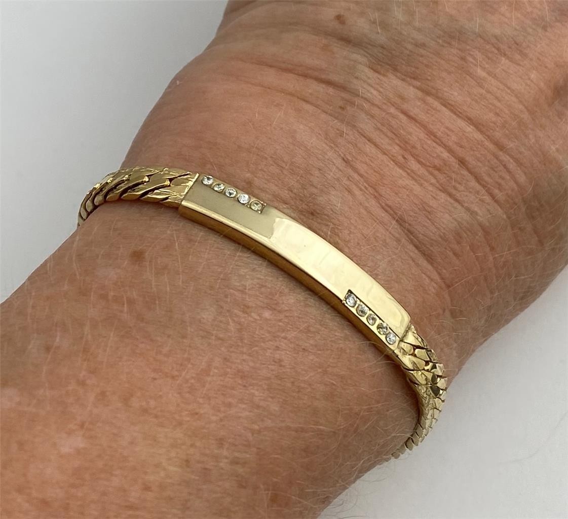 Vintage Gold Tone 6MM Wide Solid Link & Name Plate w/ Clear Crystals Bracelet 7″