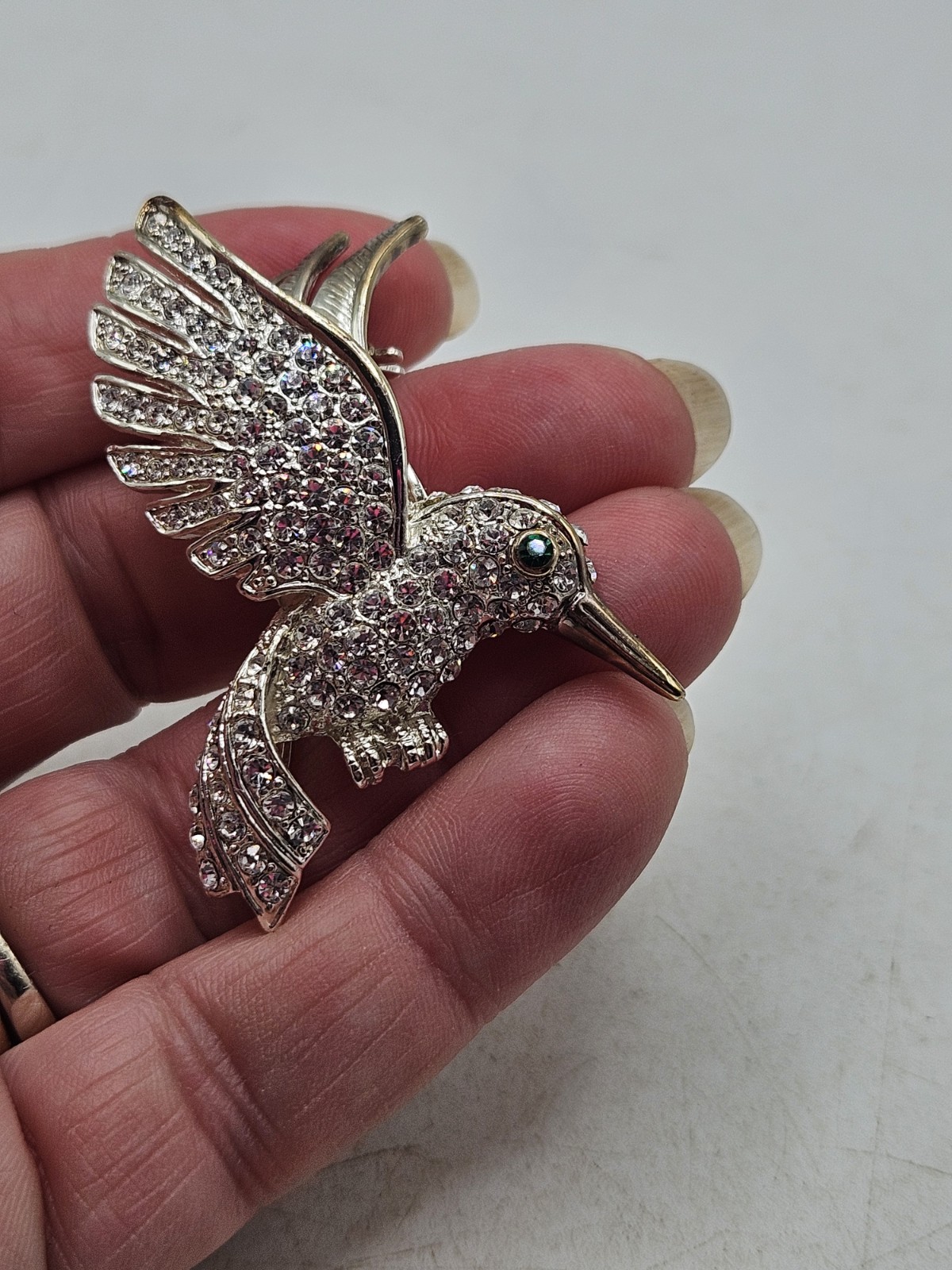 Vintage HummingBird In Flight Brooch Pin Silver Tone Rhinestones With Green Eye