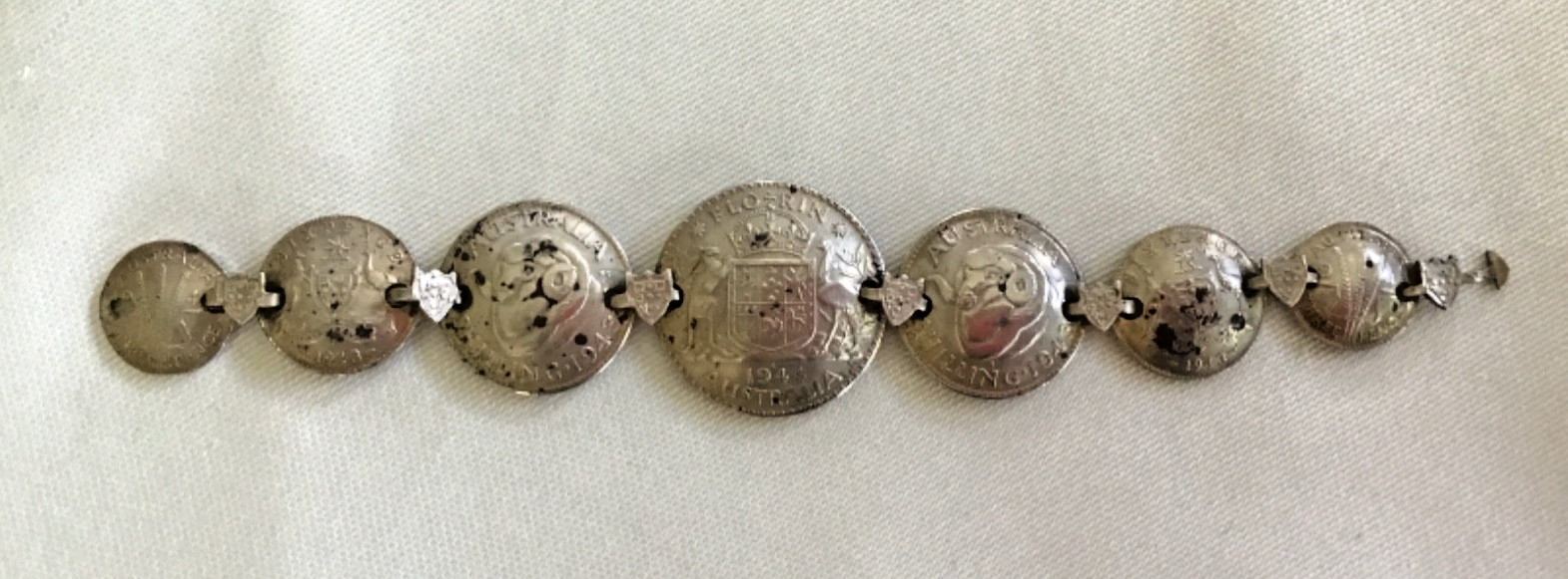 Vintage 1943-44 Australian Coin Trench Art Charm Bracelet Sterling Silver Unisex