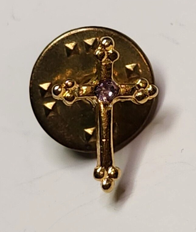 Small Gold Tone Cross With Purple Stone Pin