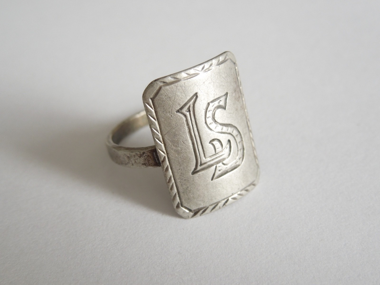 Antique Ring 800 Silver Signet Ring Monogram Initials LS 3.3 G/Size 54