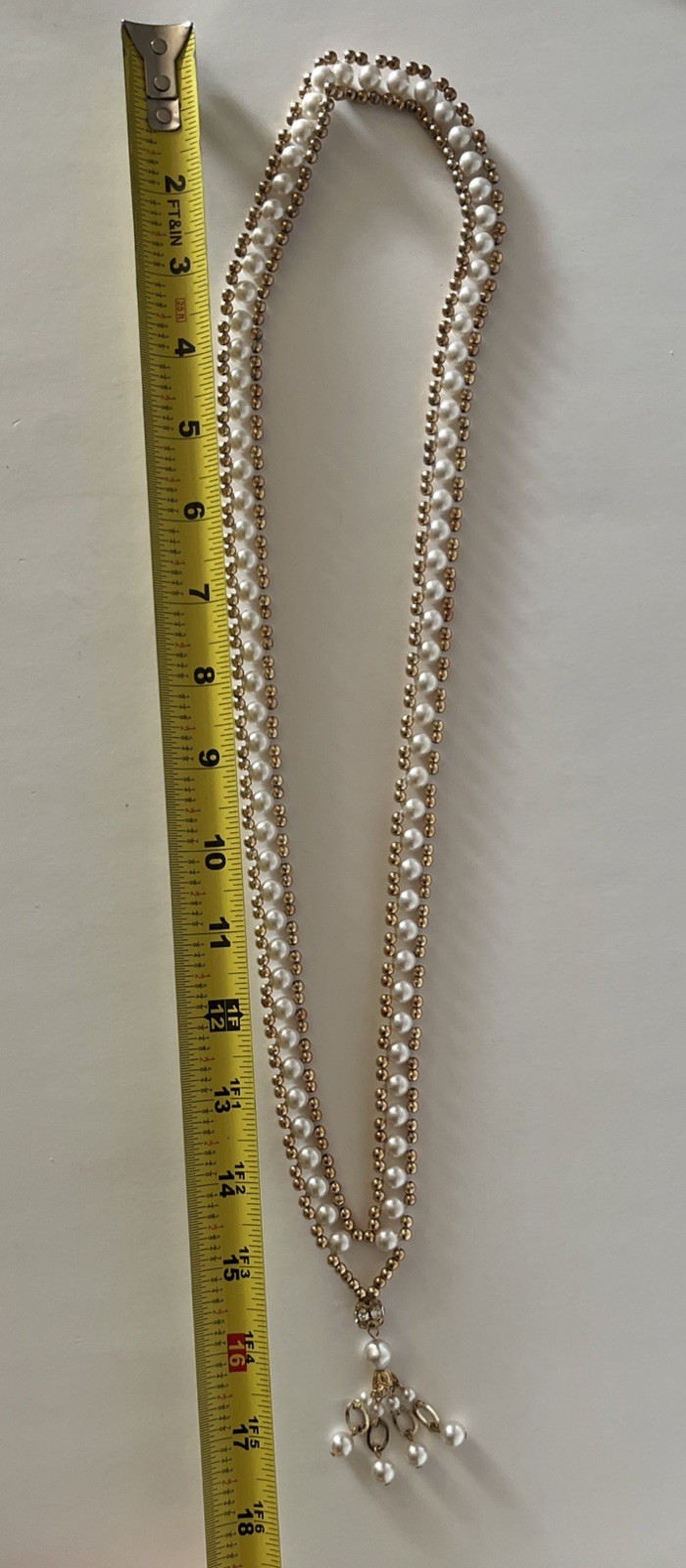 Vintage Long Ivory Color Faux Pearl Necklace With Gold Beaded Rhinestone Tassel