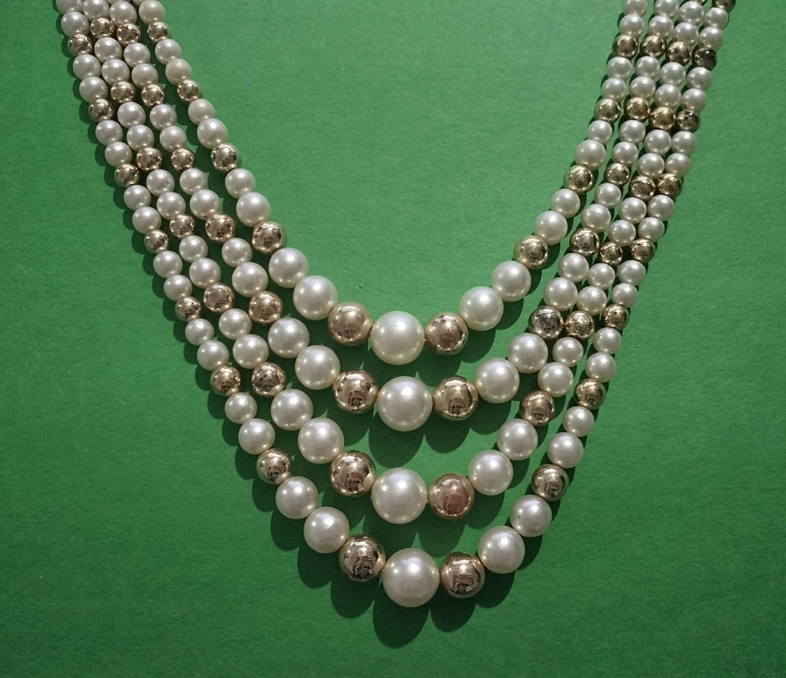 Vintage Multi Strand Faux Pearl Necklace White Gold Tone Decorative Hook Clasp 1