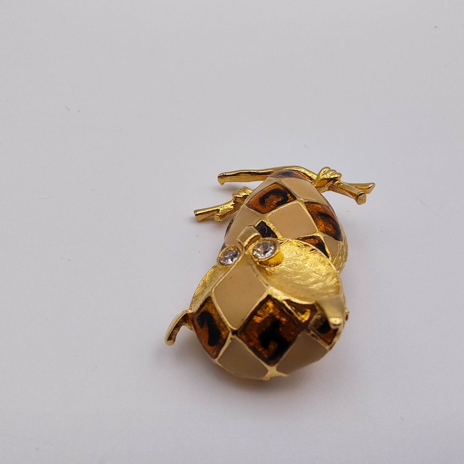 Vintage Owl Brooch Gold Tone Brown Tan Harlequin Enamel Rhinestone Eyes Retro