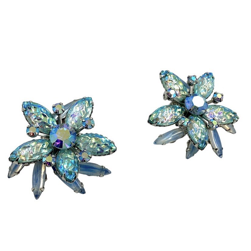 Vintage Judy Lee Blue Iridescent Glass Floral Clip Earrings AB Rhinestone 1960s