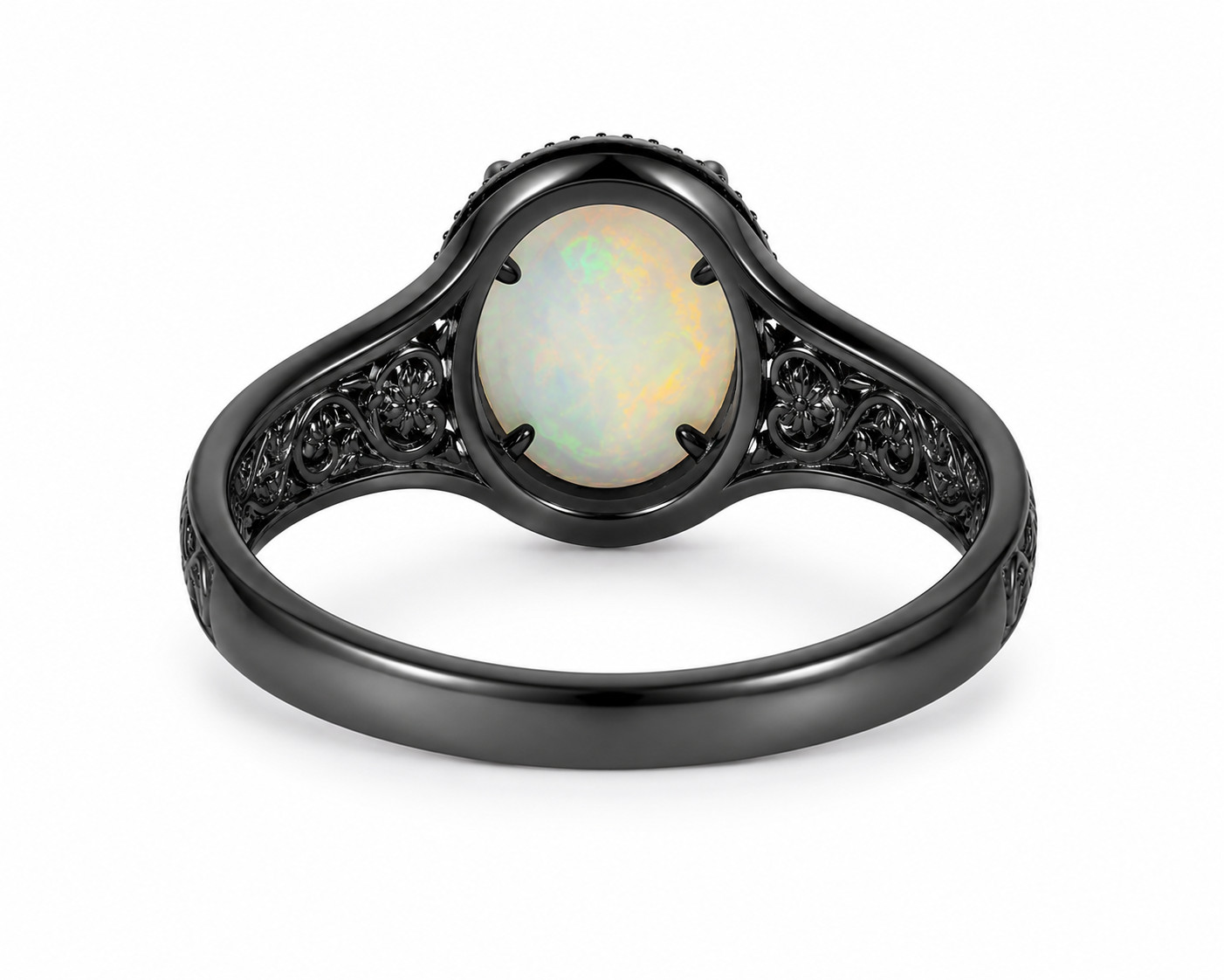 Vintage Ethiopian Opal Ring Black Rhodium Engraved Antique Style 925 Silver
