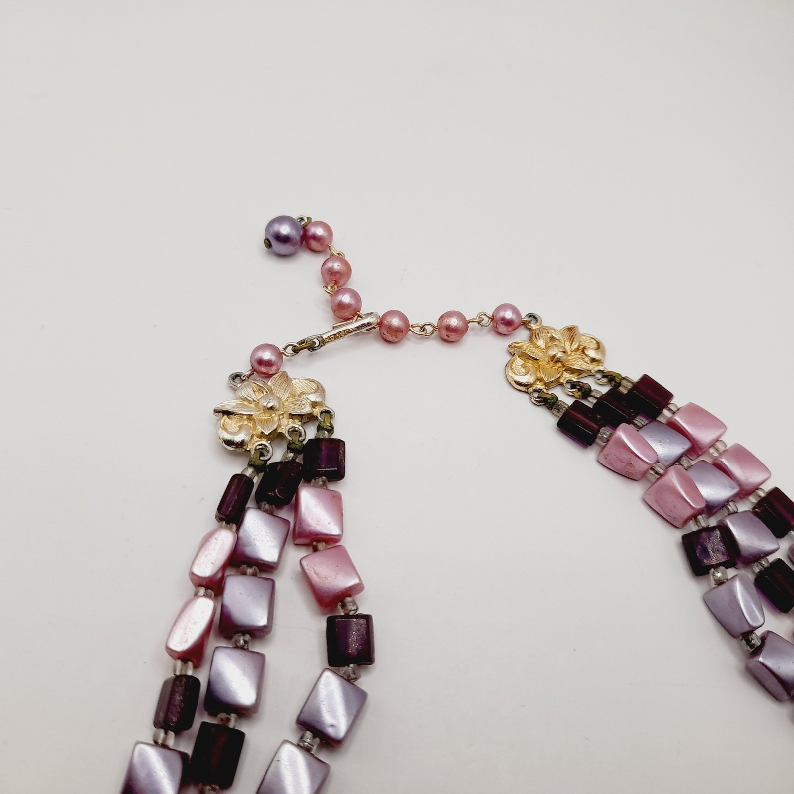 Vintage Japan 1950s Pink Lavender Pearl Finish 3 Strand Necklace 17”