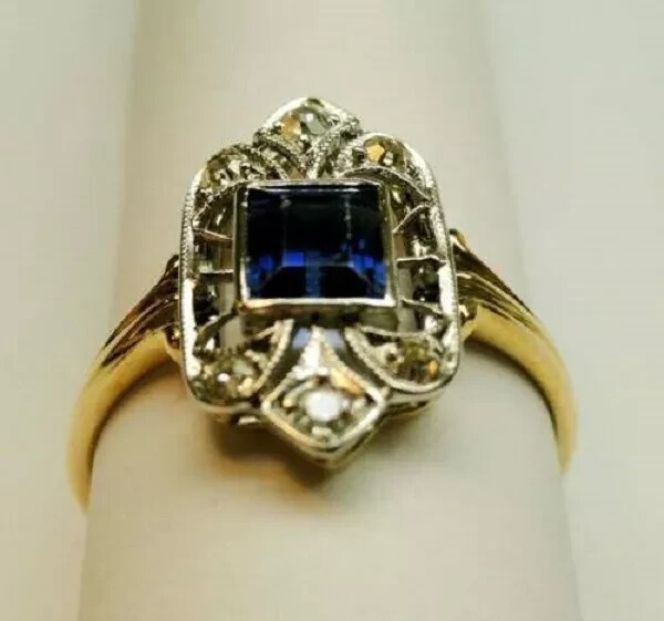 Art Deco Style 2.1Ct Lab Created Blue Sapphire Anniversary Ring 14K Gold Finish