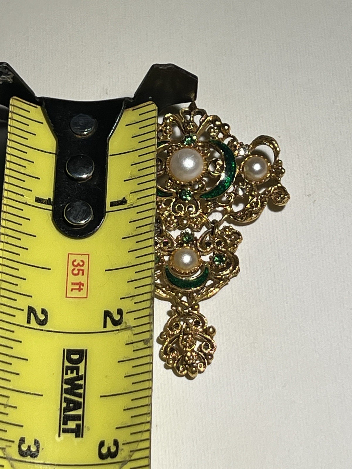 Vintage Florenza Victorian Renaissance Faux Pearl Green Enamel Brooch Pin