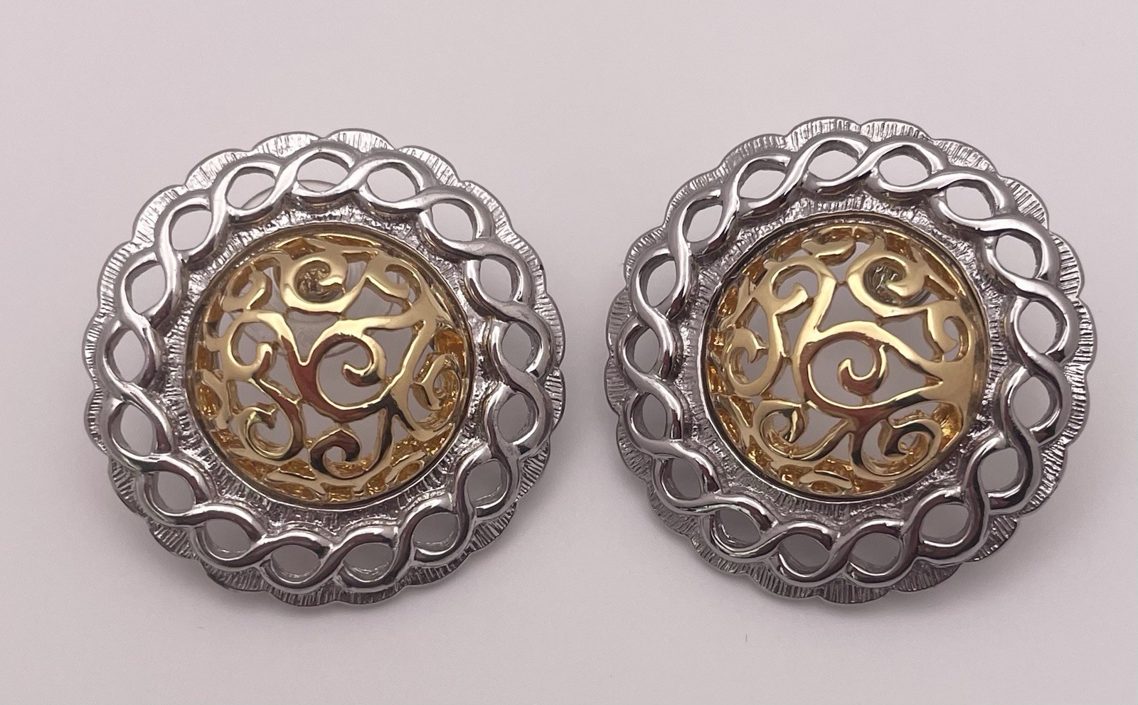 Vintage Daria Signed Gold Tone and Silver Tone Scroll Earrings Pierced