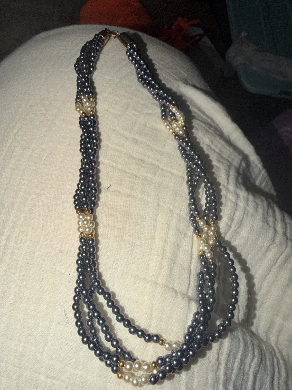 Vintage Seed Bead Choker Parklane Faux Pearl White Blue Grey Gold Multi Strand