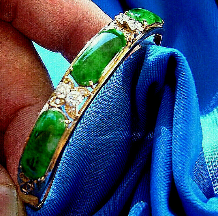 Original EARTH MINED Imperial Jadeite JADE Diamond Deco Bangle Bracelet 18K GOLD