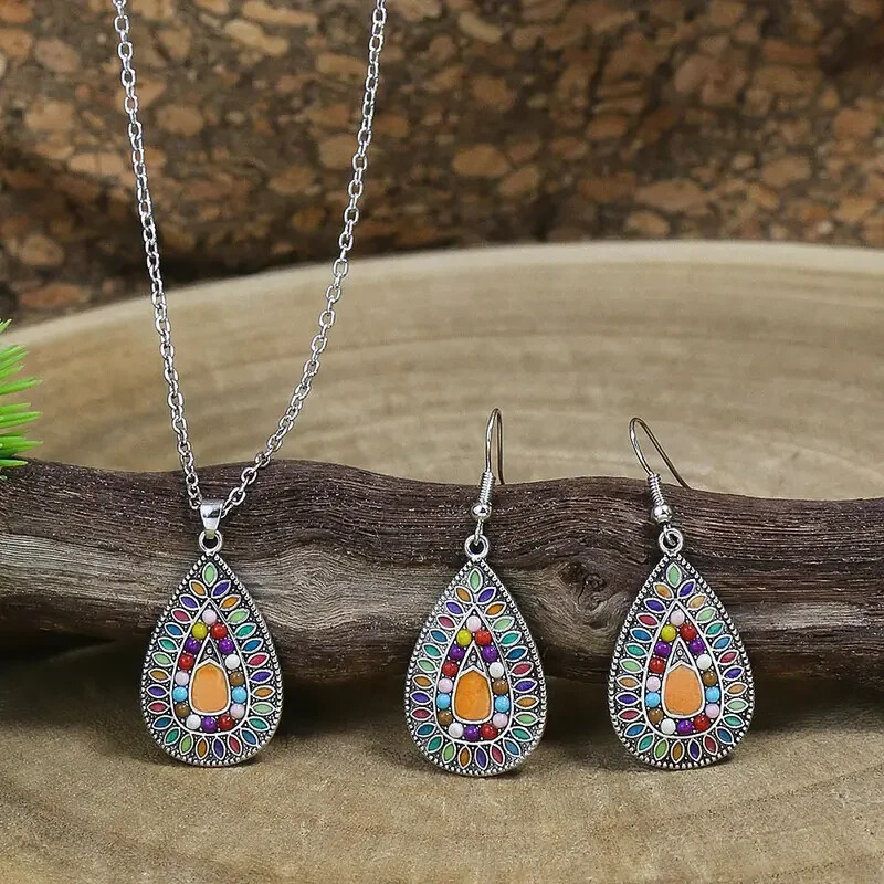 BOHEMIAN STYLE MULTI COLOR TEARDROP SHAPED NECKLACE & EARRING SET