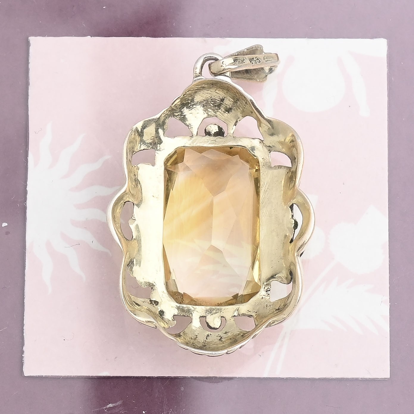 Vintage 1940s Emerald Cut Natural Citrine 835 Silver Signed Pendant