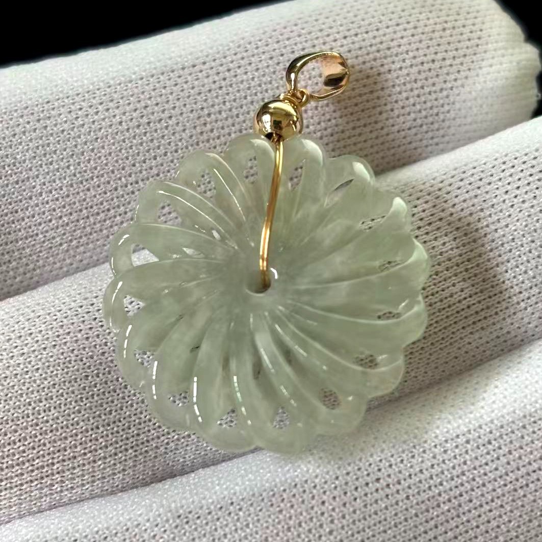 Natural Green Jade Jadeite Handmade Hollow-out Pendant Round, Free Necklace