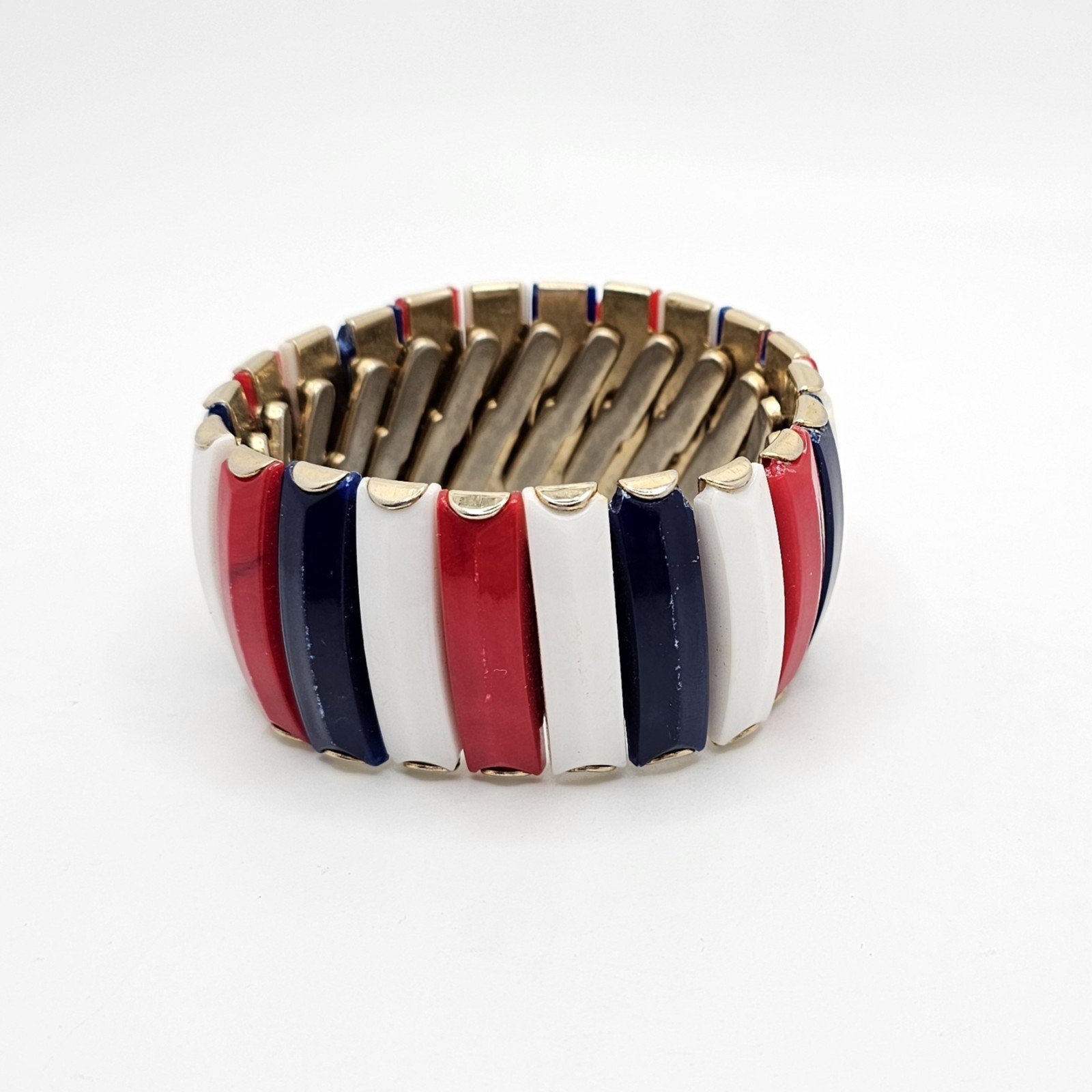 Vintage HONG KONG Red White Blue Lucite Gold Tone Expandable Accordian Bracelet