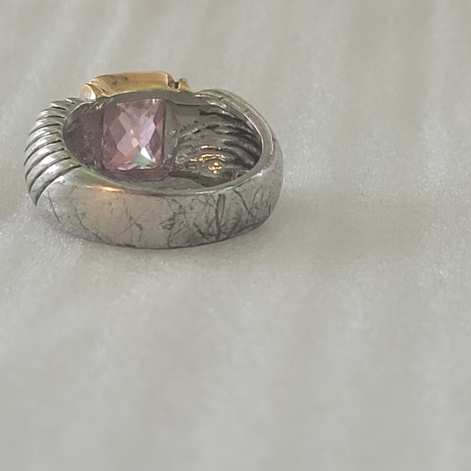 Vintage Two Tone Cable Band Ring 18K GE Pink CZ Size 9.75