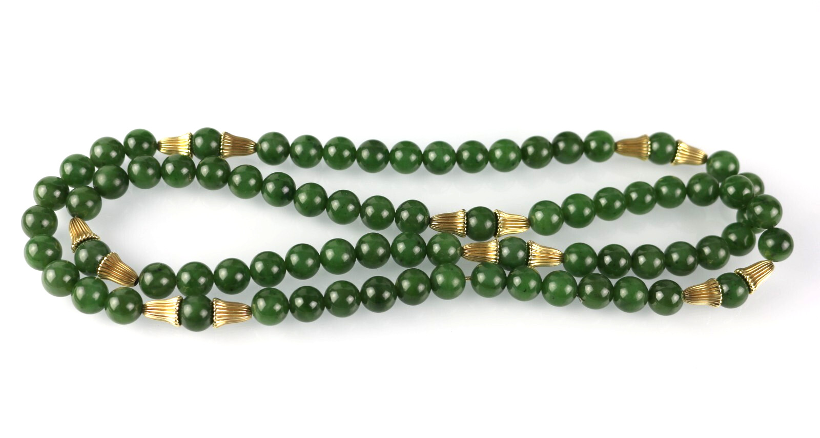 VTG 10mm Natural Nephrite Jade & Gold Plated Spacer Long Necklace 35″ 129.5g