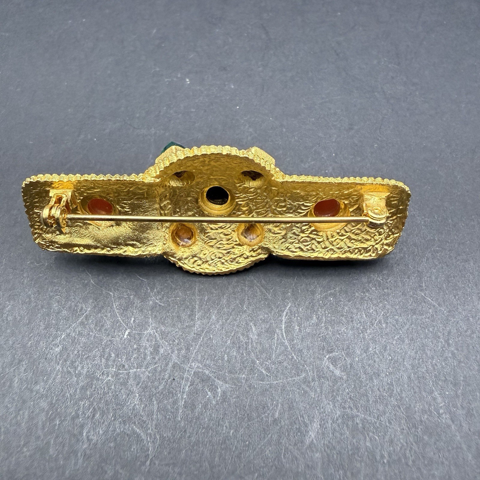Vintage Gold Tone Multi-Color Cabochon & Faceted Glass Bar Brooch 2.5” Statement