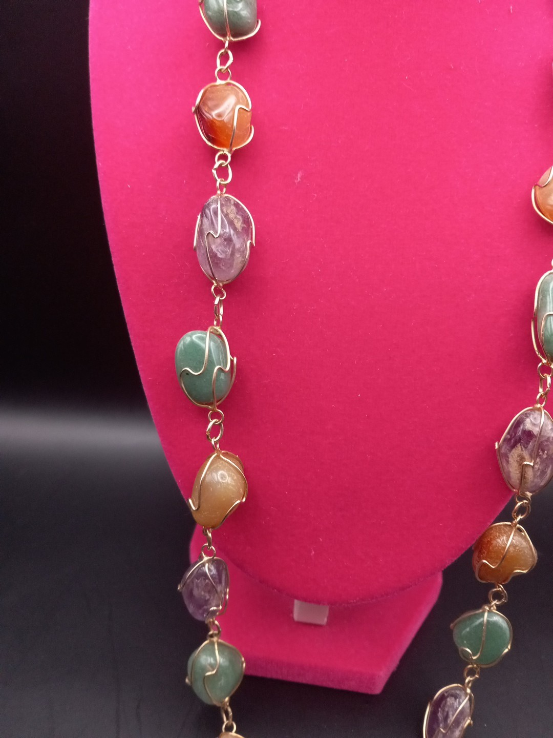 Vintage Amethyst, Jade Agate, Carnelian Goldgilt Wire Long Necklace