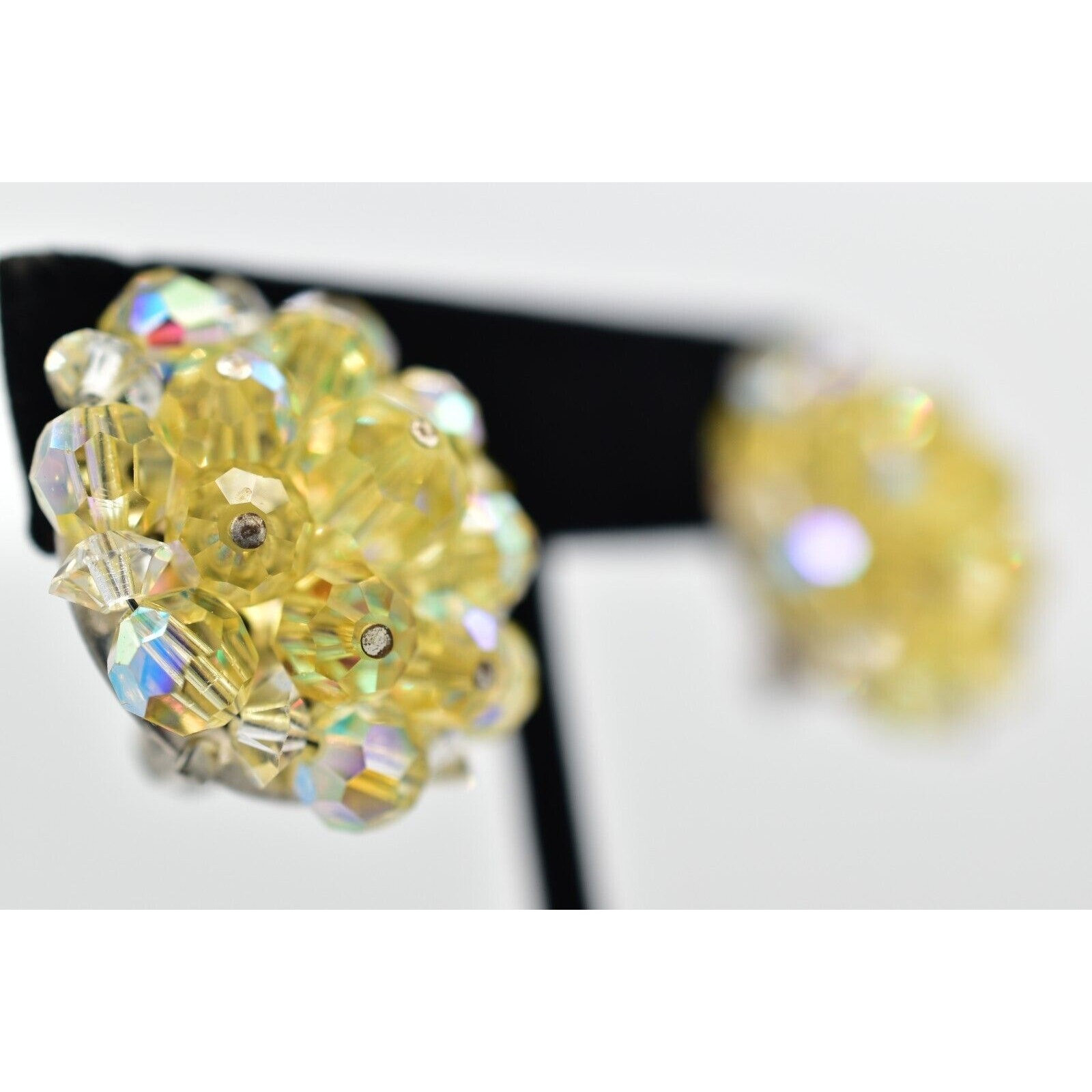 Laguna Vintage Clip On Crystal Earrings Yellow AB Cluster Signed Glam 1950s A24