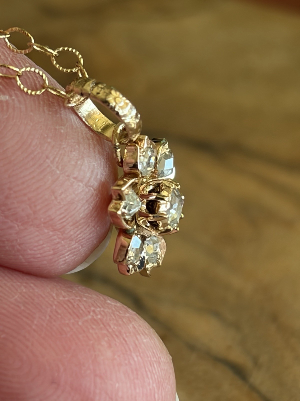 Antique 14KT Gold Diamond Rose Cut Flower Pendant On Gold filled Chain