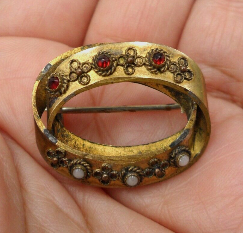 Antique Victorian Brooch Intertwined Ovals Rose Cut Red White Bezel Set Stones