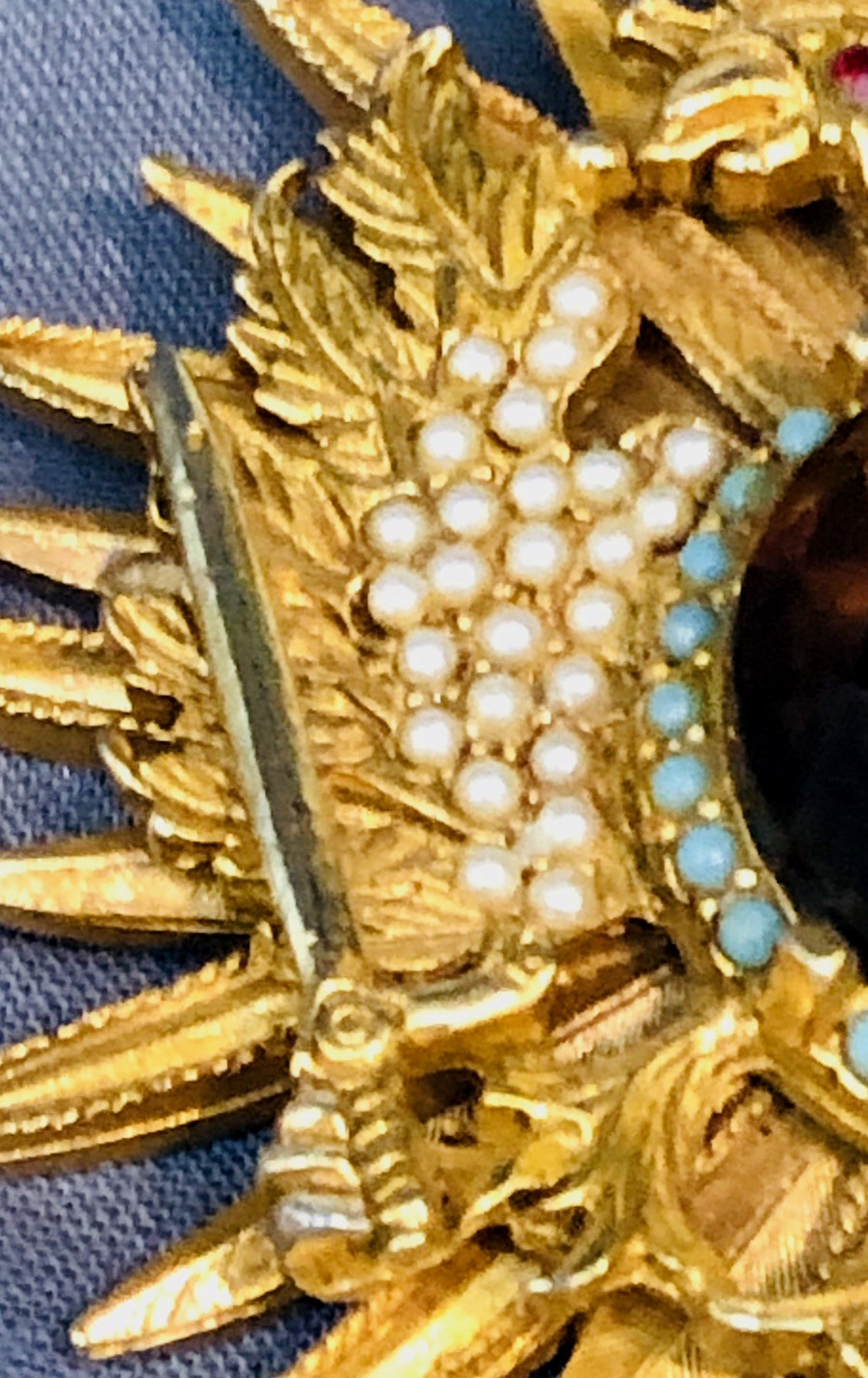 Vtg. Gold Tone Elaborate Double Headed Eagle Brooch Russian Themed