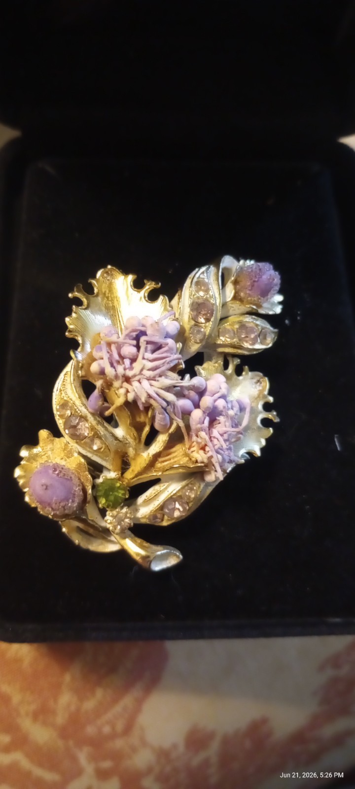 Vintage Florenza rhinestone lavender buds brooch