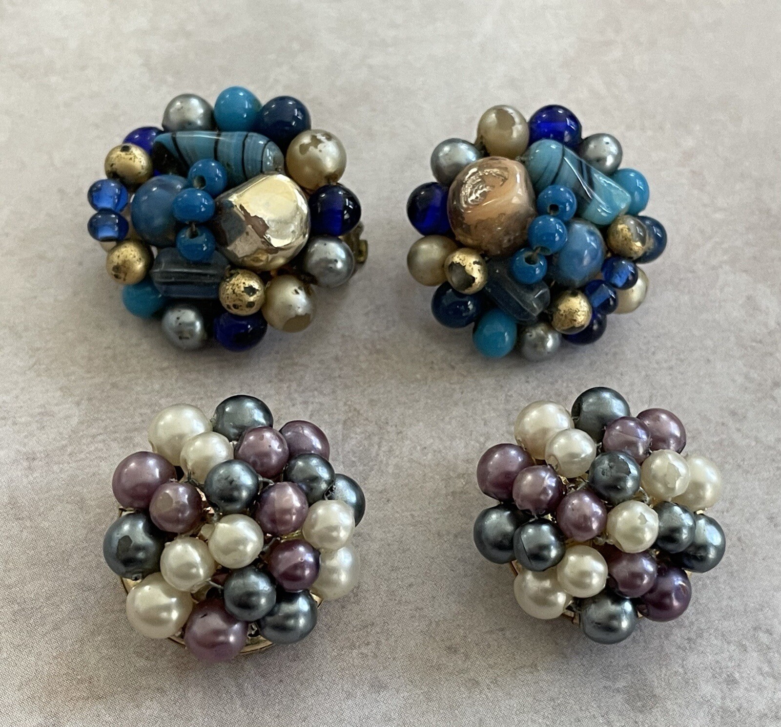 Vintage Japan Hong Kong Costume Jewelry Clip On Earrings Pearl Gemstone Beads