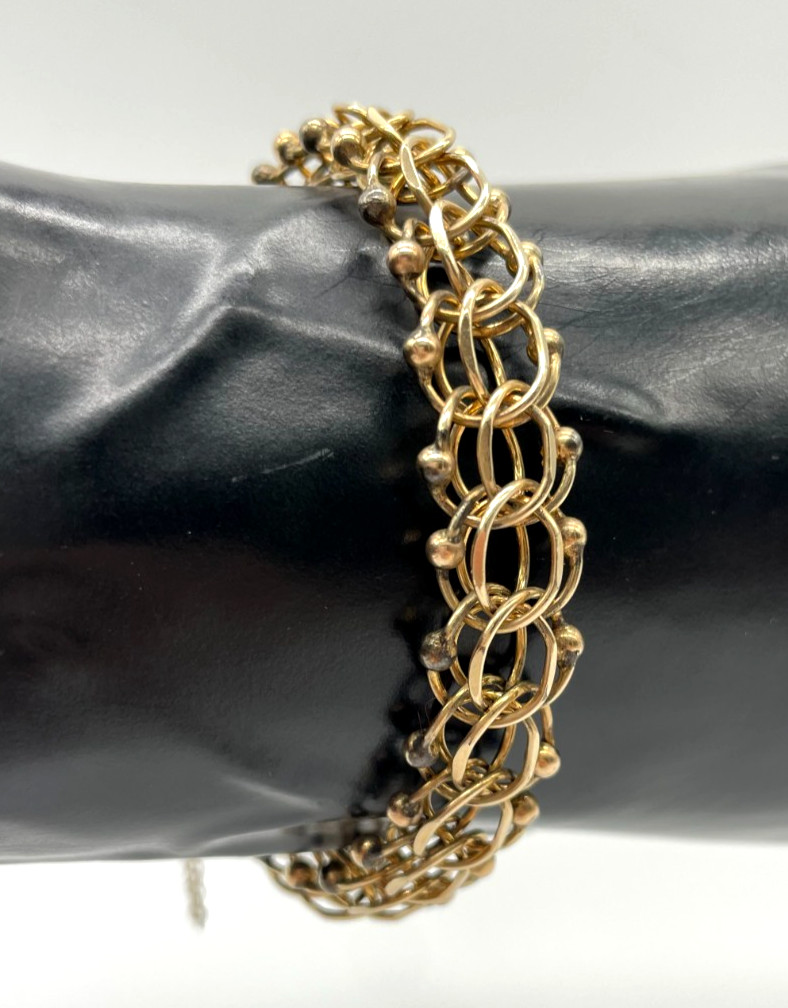 VTG 1/20 12k GF Beaded Double Link 13mm charm bracelet safety chain 6.5″