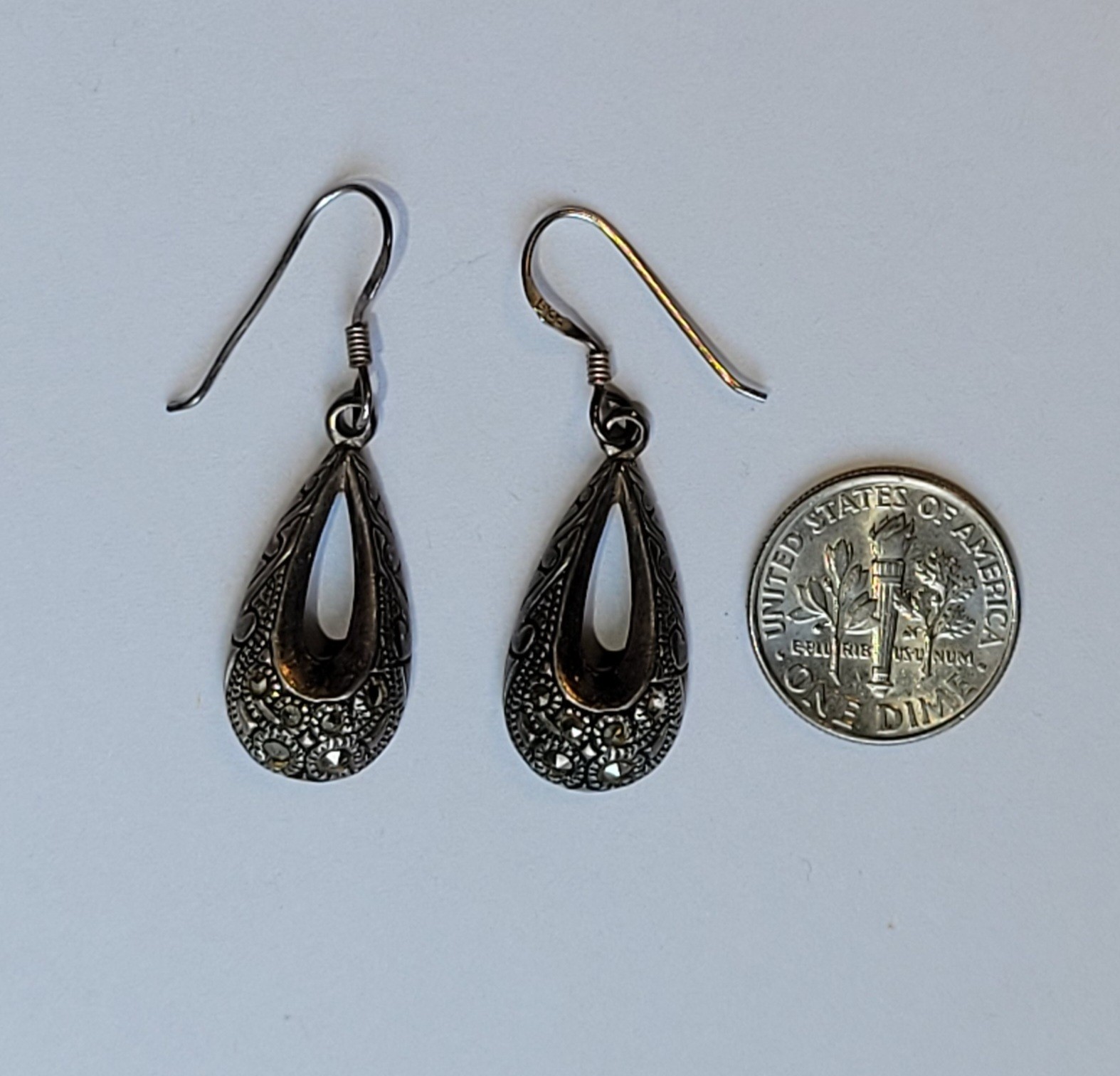 Sterling Silver Ornate Teardrop Shaped Earrings Pierced With Wire Hook Vintage