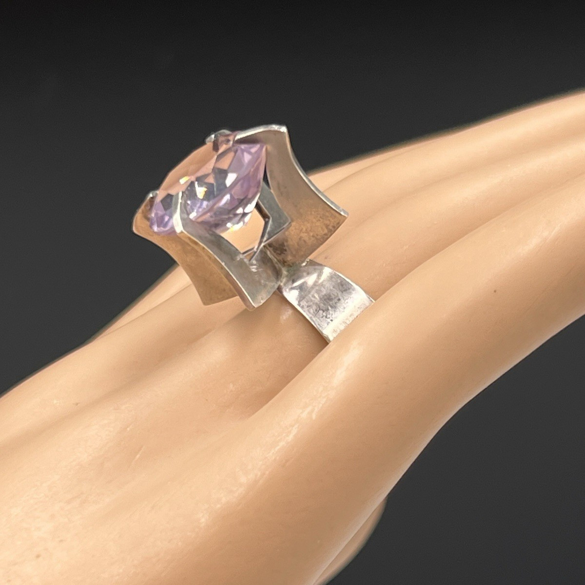 Vtg Svedboms Swedish Sterling Amethyst Ring, Modernist Sculptural, 8g, Sz 5.5